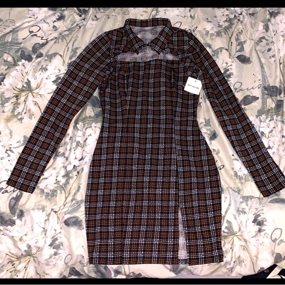 Plaid Long Sleeve Mini Dress With Front Slit - Picture 1 of 5